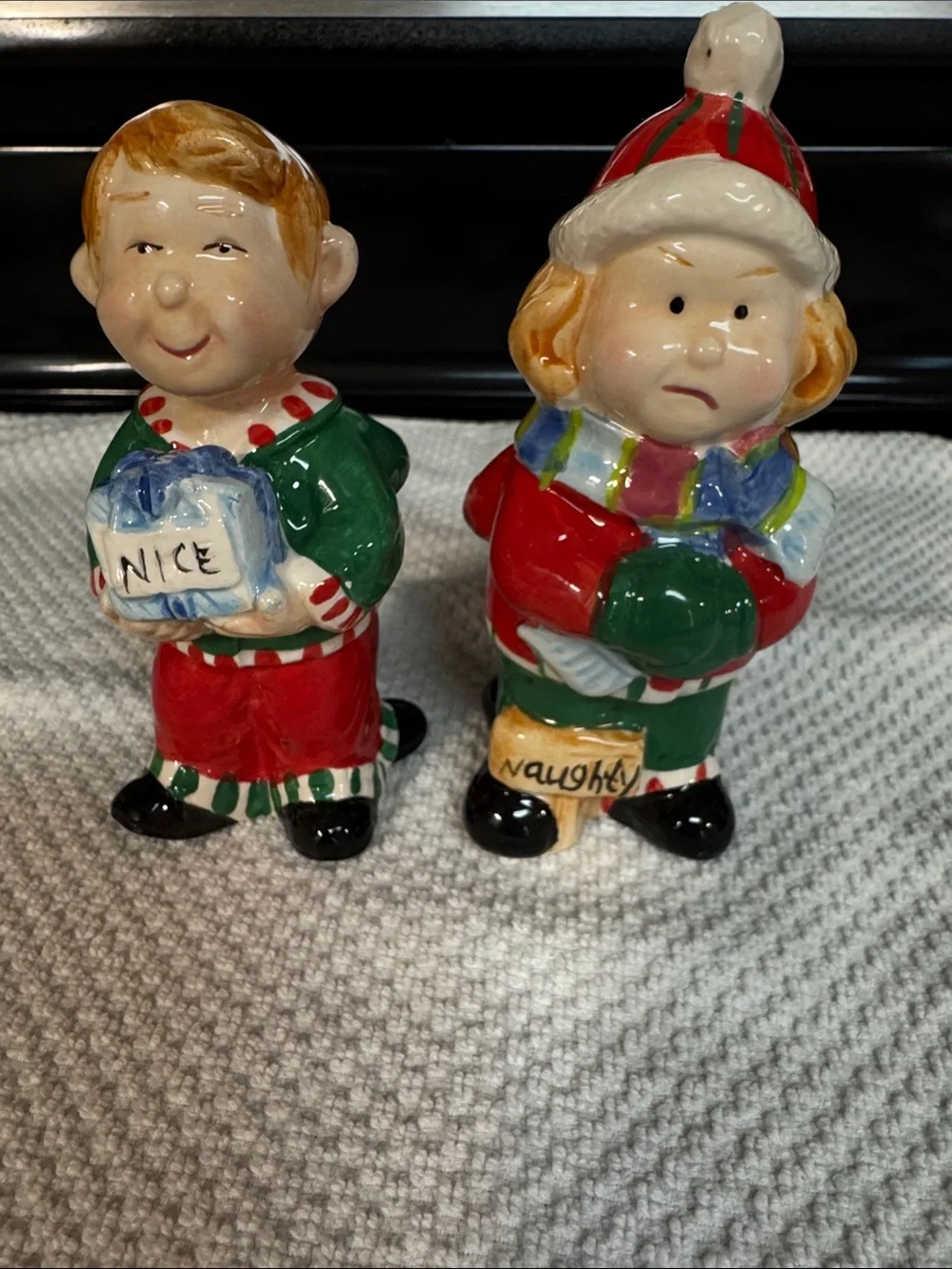 Holiday 'Nice & Naughty' Ceramic Elf Salt and Pepper Shakers - Red & Green